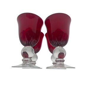 Set Of 4 Vintage Ruby Red Glass Goblets  Clear Ball Stems READ